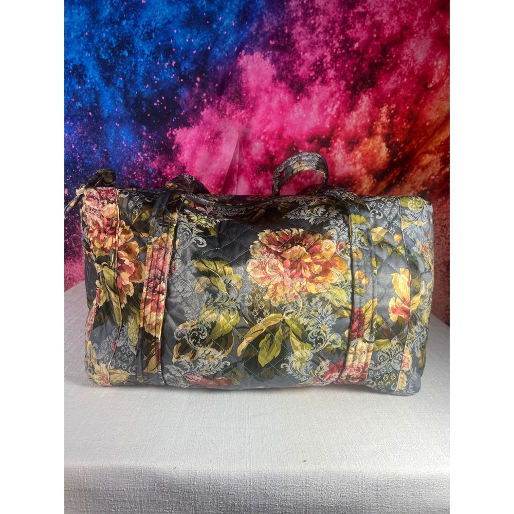 1990s Quilted Floral Duffel Bag Blue Tapestry Print Weekend Travel Carry On Bag